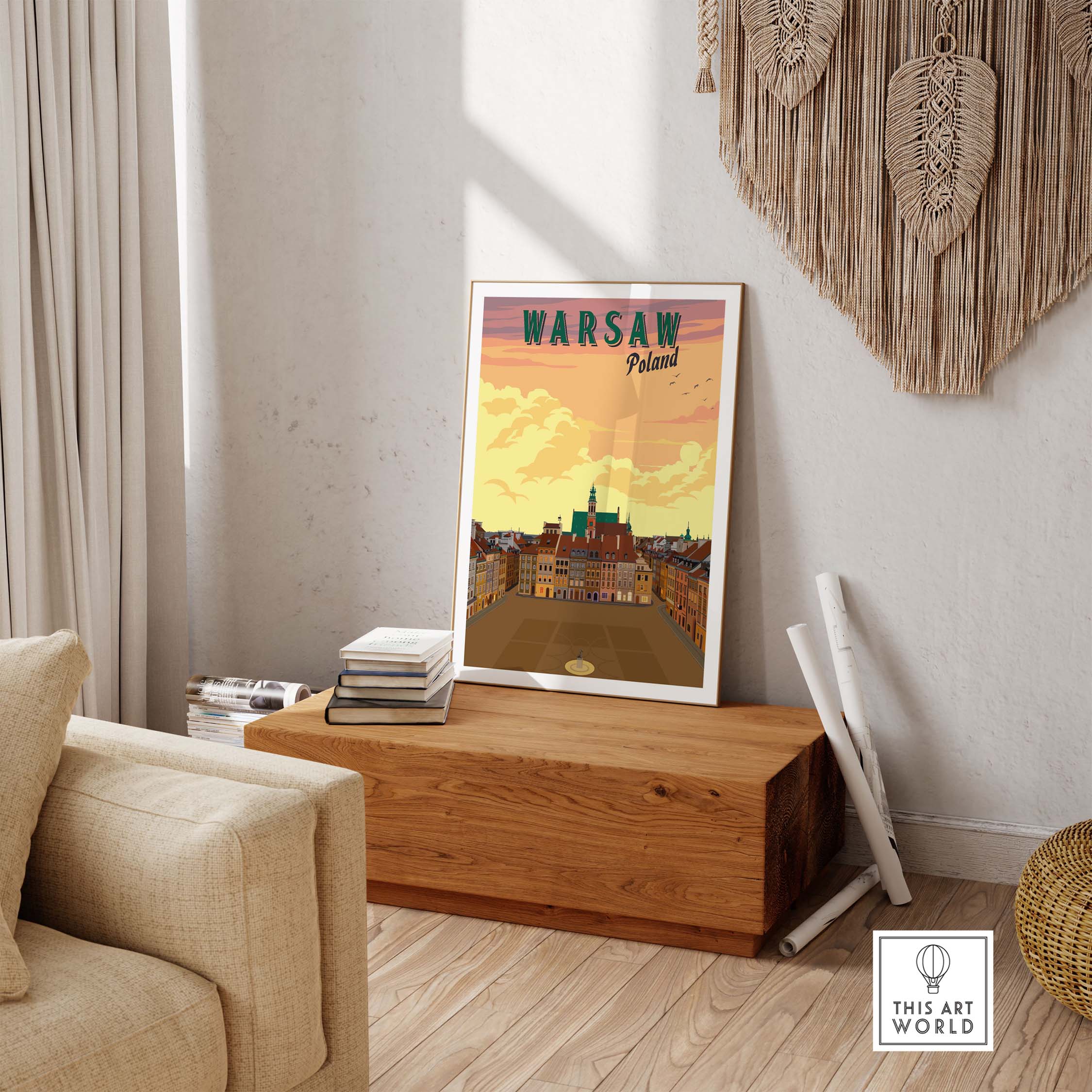 Retro Warsaw poster art print showcased in stylish home decor, representing travel and wanderlust in Poland.