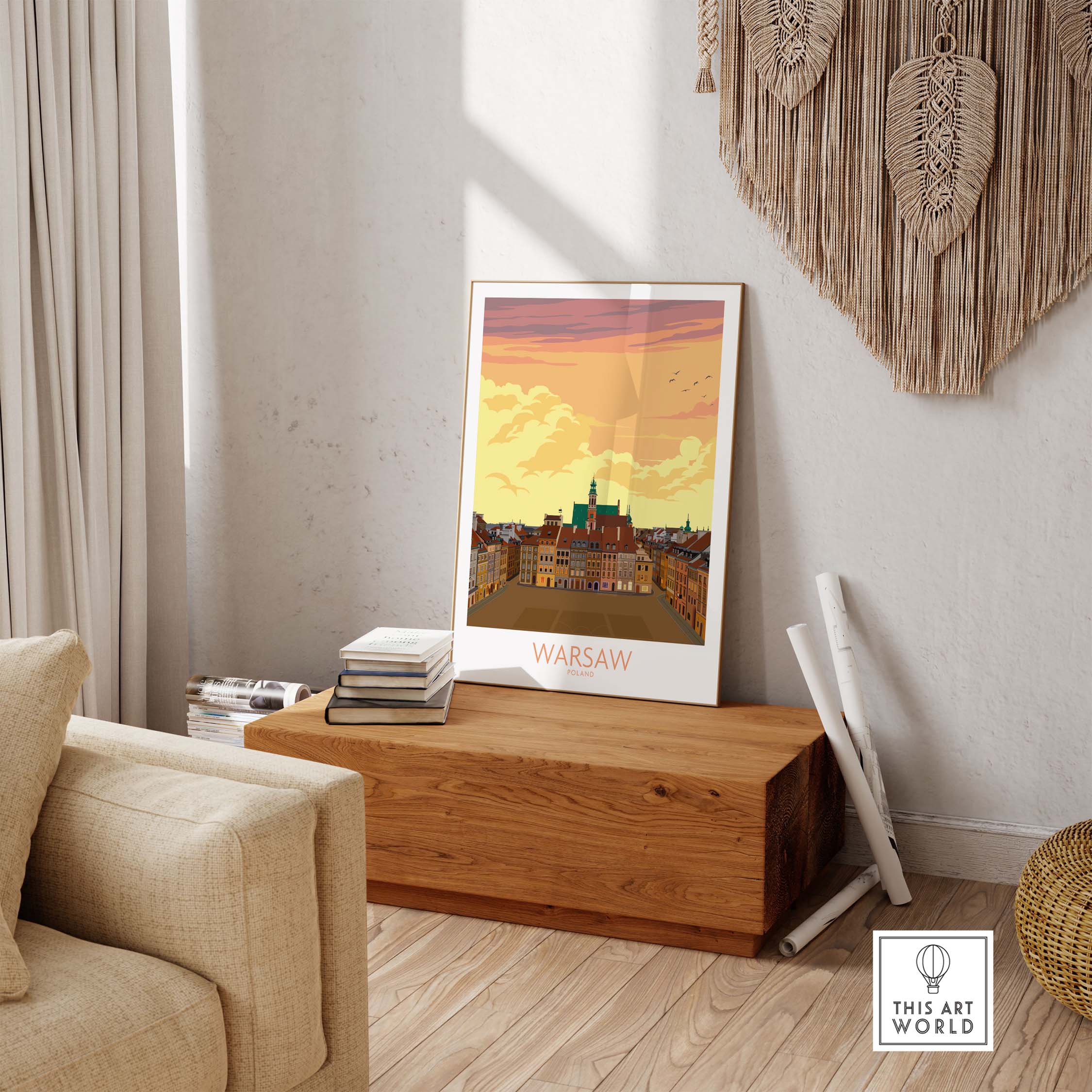 Warsaw Print Poland poster displayed in a stylish living room on a wooden table, showcasing vibrant colors and travel-inspired design.