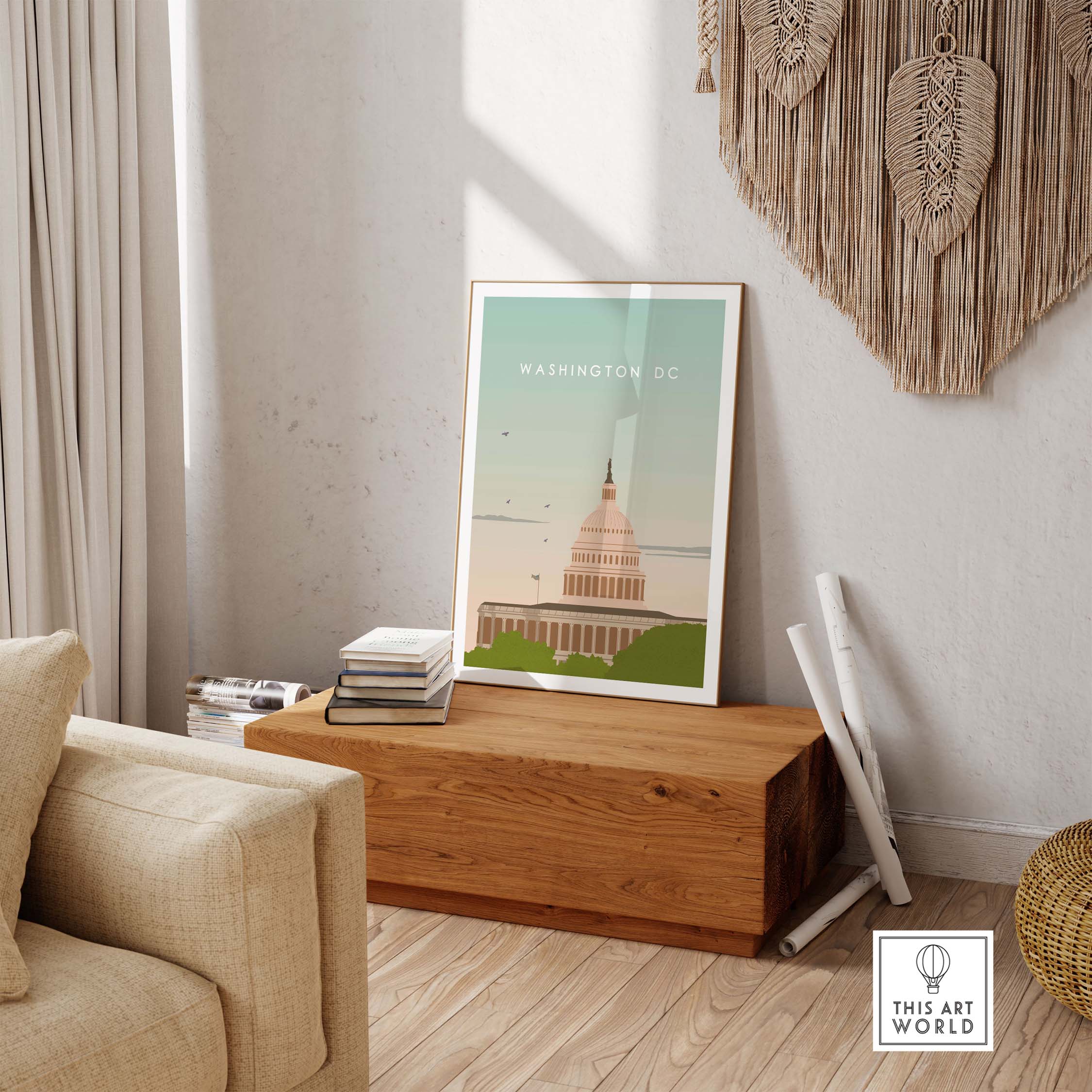 Washington DC poster print displayed in a stylish living room, showcasing vintage travel art and home decor inspiration.