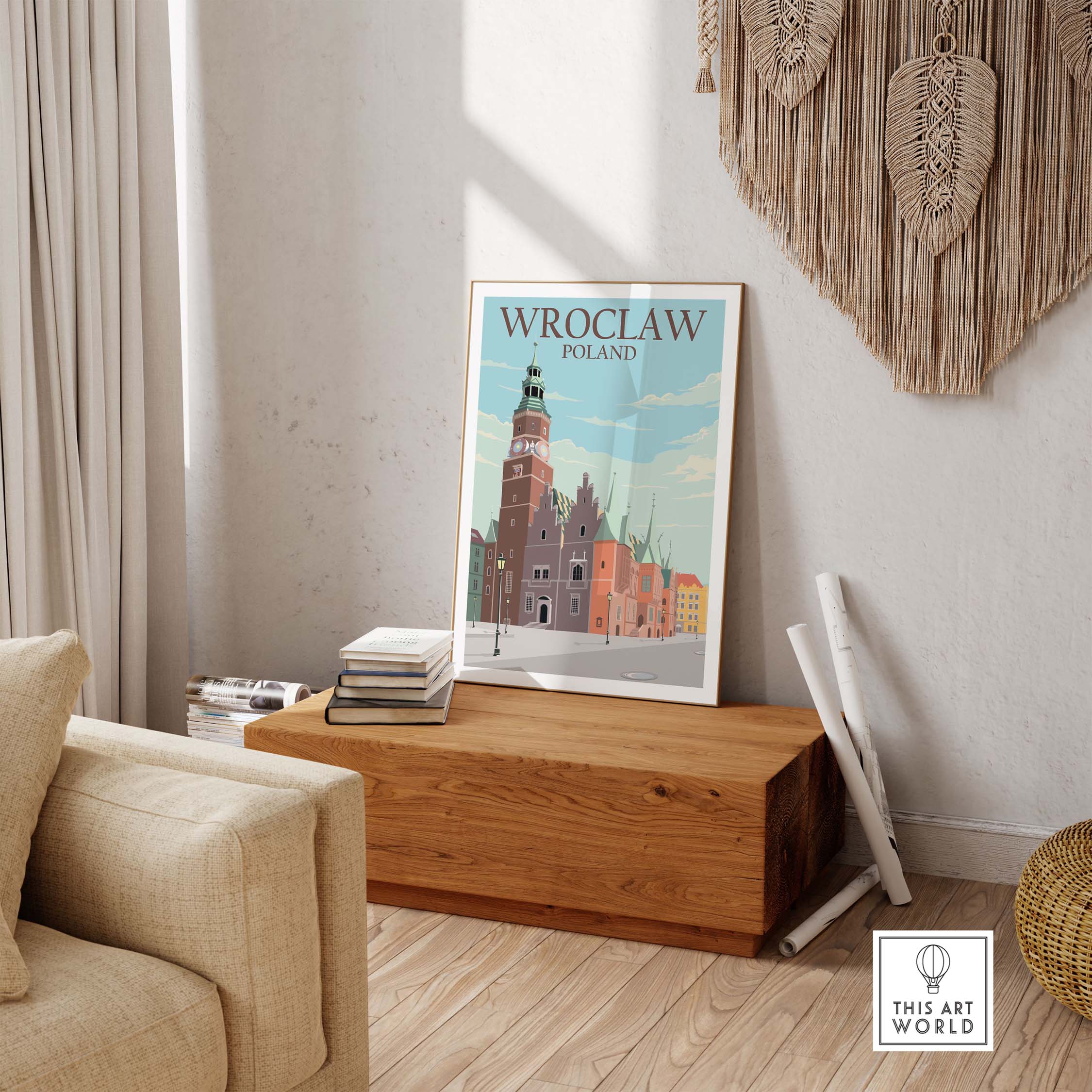 Wroclaw poster print showcasing Poland's architecture in a stylish living room setting.