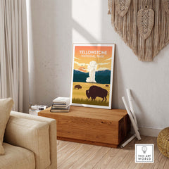 Yellowstone National Park poster featuring bison and geyser illustration, ideal for nature lovers and home decor.