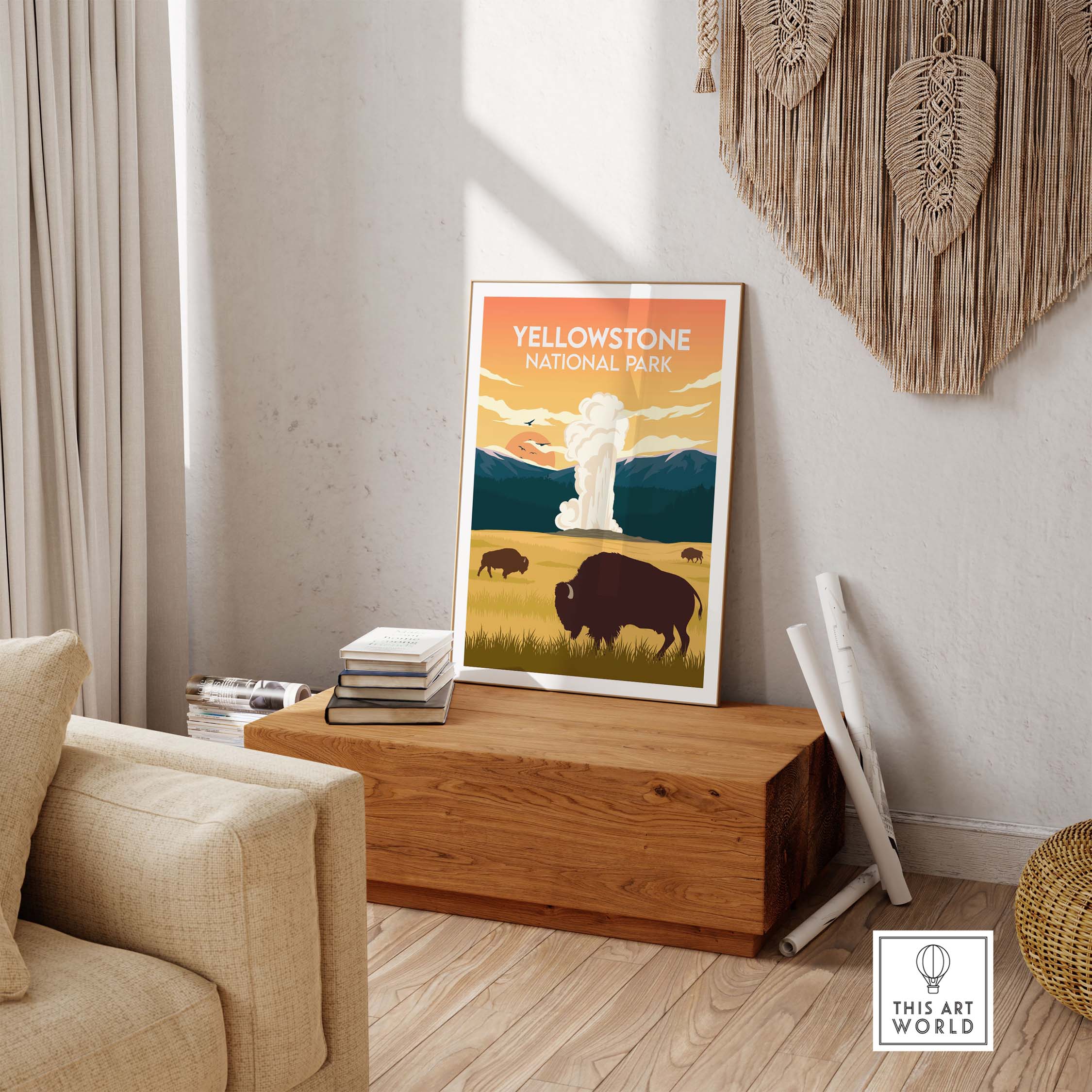 Yellowstone National Park poster featuring bison and geyser illustration, ideal for nature lovers and home decor.