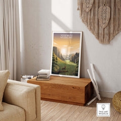 Yosemite National Park poster displayed in a stylish living room, featuring minimalist artwork inspired by nature and travel.