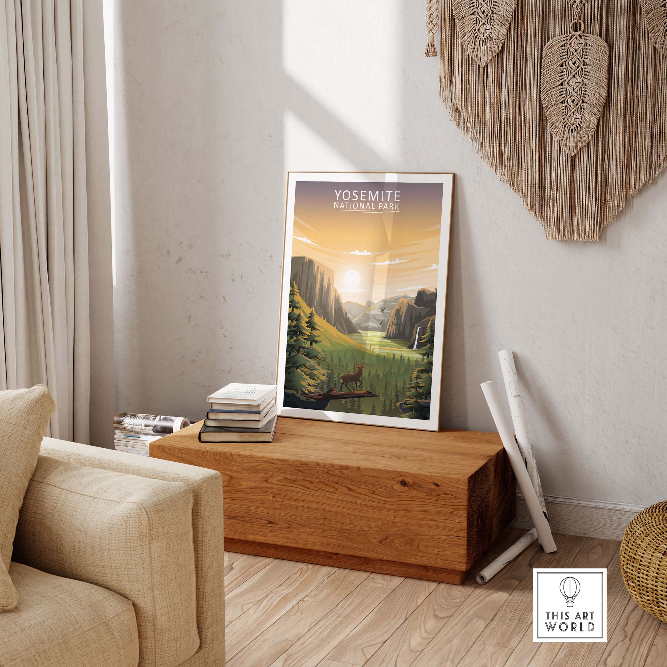 Yosemite National Park poster displayed in a stylish living room, featuring minimalist artwork inspired by nature and travel.