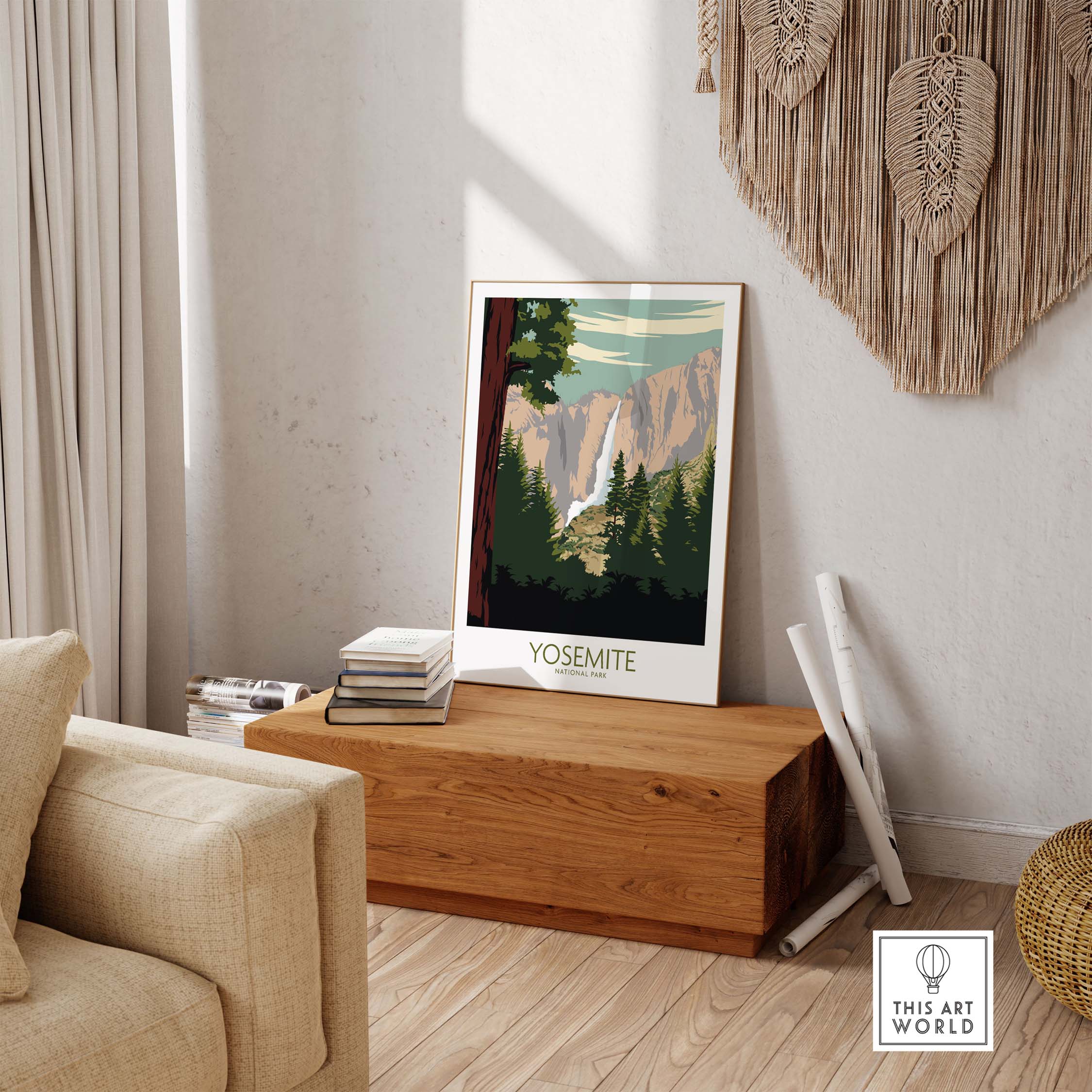 Yosemite Park poster print displayed in a stylish living room with natural decor, promoting travel and outdoor art.