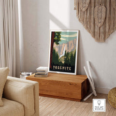 Yosemite National Park Print showcasing a vintage-inspired design in a home setting.