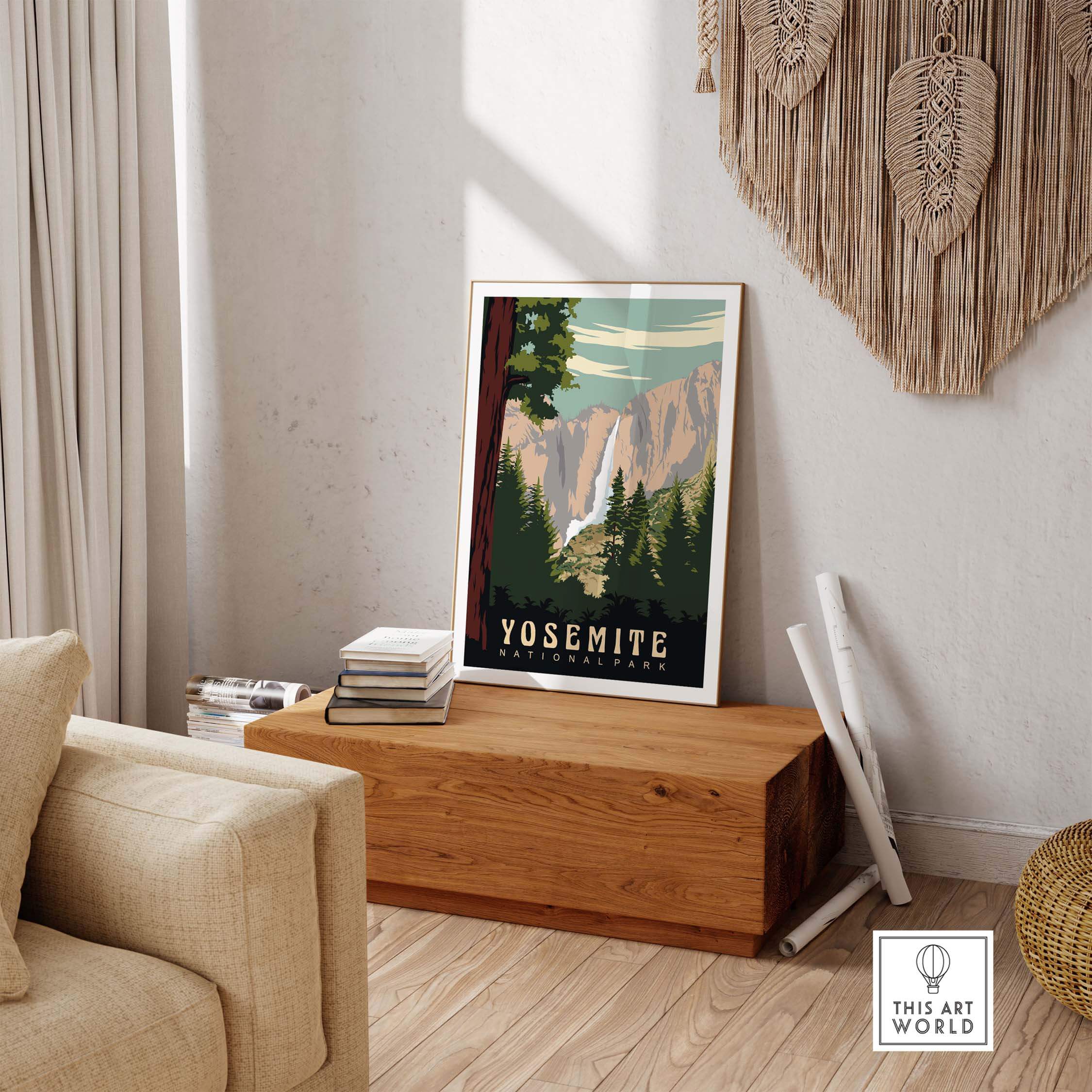 Yosemite National Park Print showcasing a vintage-inspired design in a home setting.