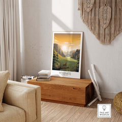 Yosemite wall art poster in a cozy living room setting, highlighting nature and travel-inspired decor.