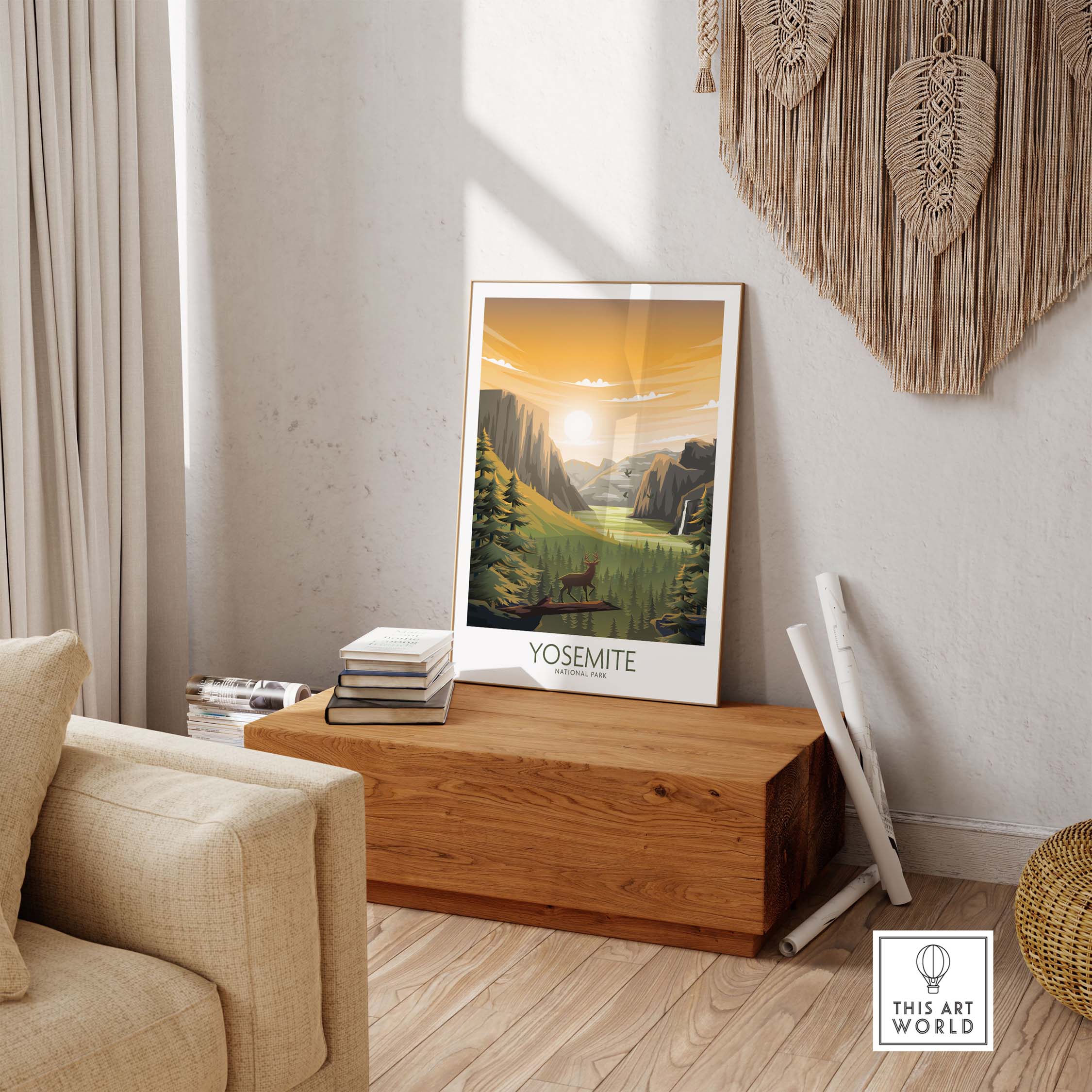 Yosemite wall art poster in a cozy living room setting, highlighting nature and travel-inspired decor.