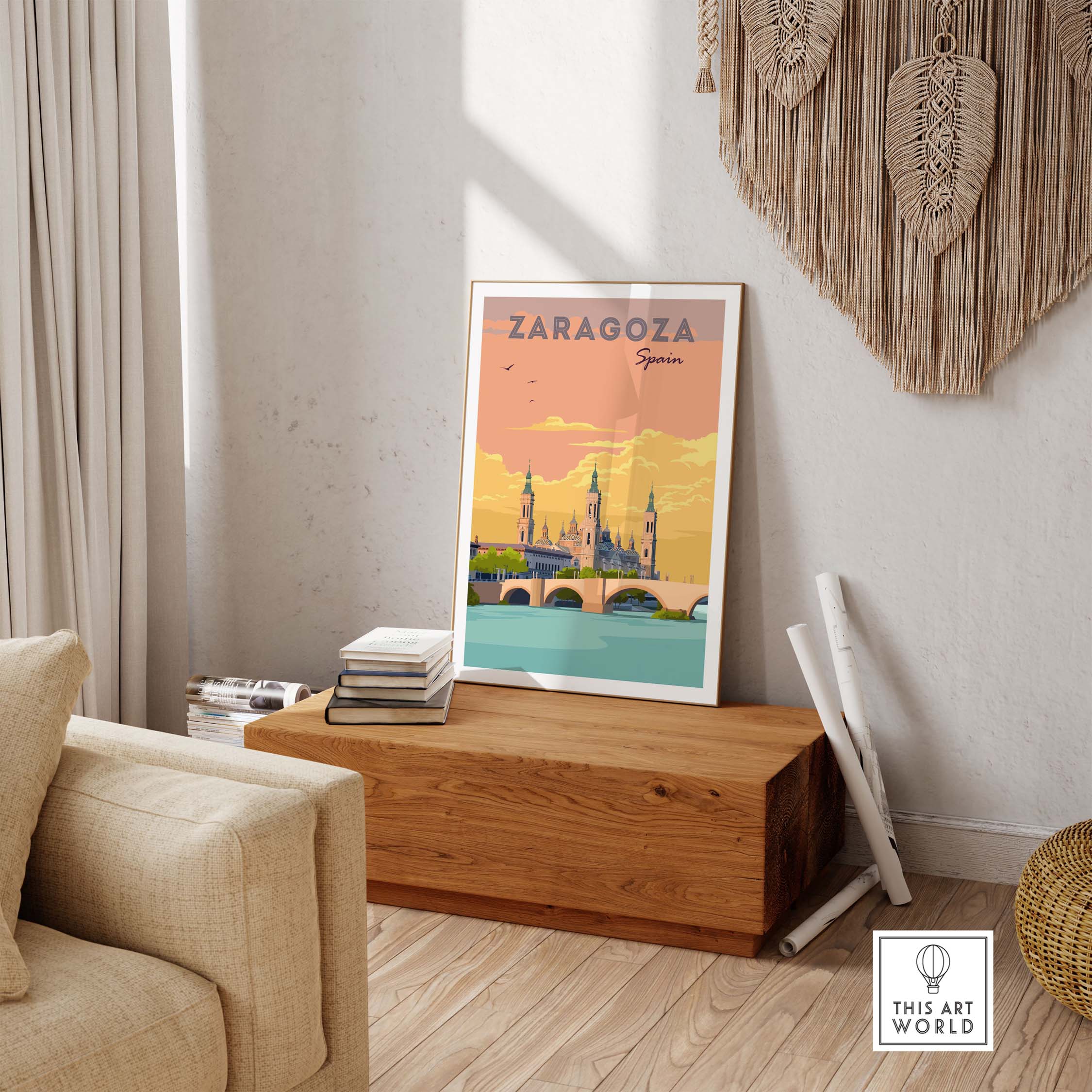Zaragoza Spain print displayed in a stylish living room, showcasing vintage travel art for wanderlust inspiration.