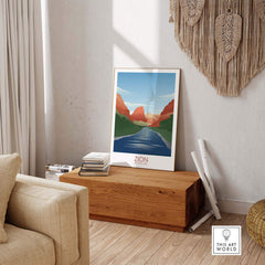 Zion National Park art print displayed in a modern home setting, showcasing minimalist landscape design.