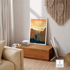 Zion National Park poster displayed in a stylish living room, highlighting nature-themed minimalist art.