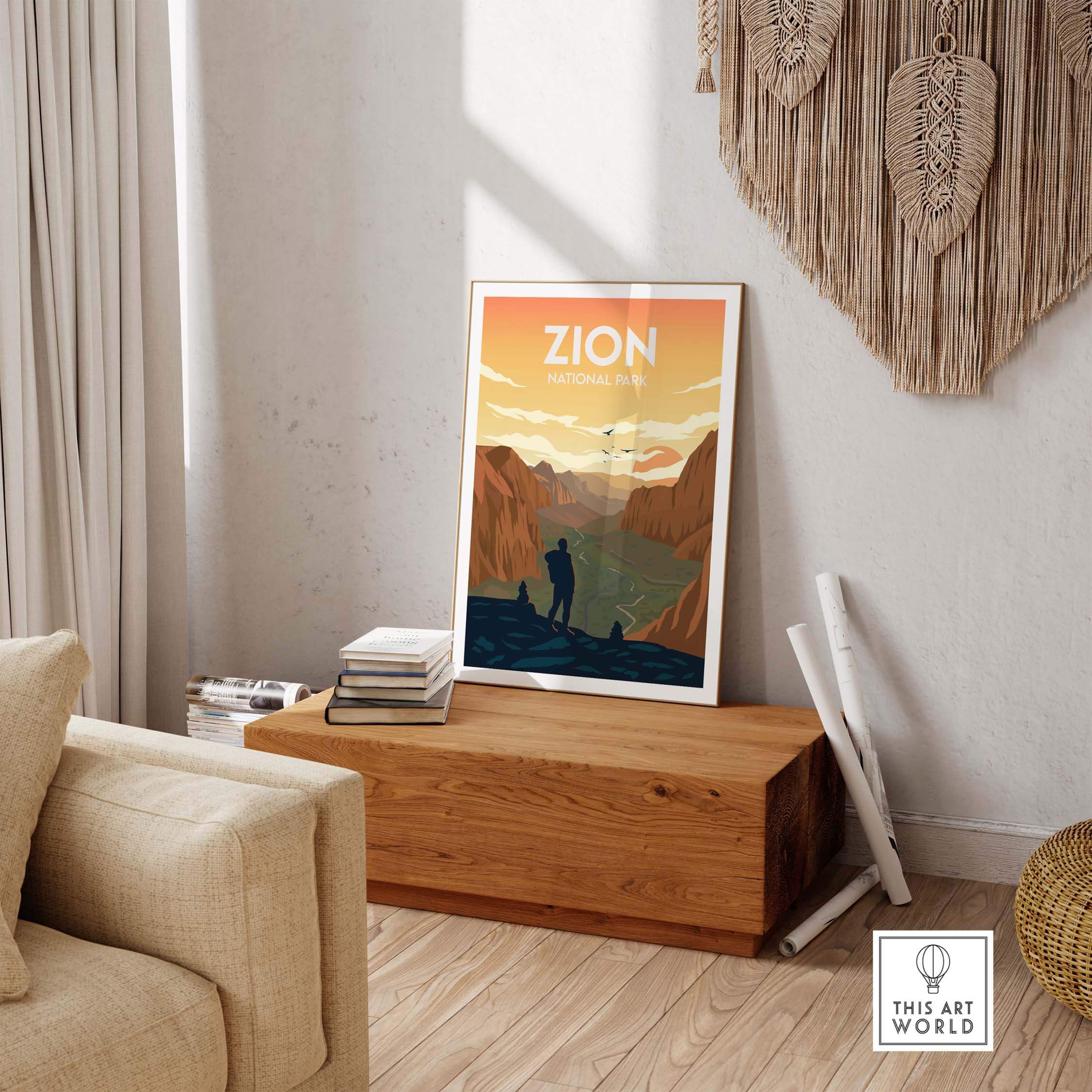 Zion National Park poster displayed in a stylish living room, highlighting nature-themed minimalist art.