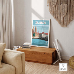Zurich Switzerland travel poster print in a stylish living room, showcasing minimalist vintage art style.