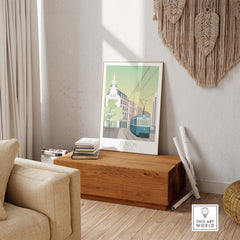 Zurich Print Travel Poster featuring a vintage tram in a stylish room setting, perfect for home decor.