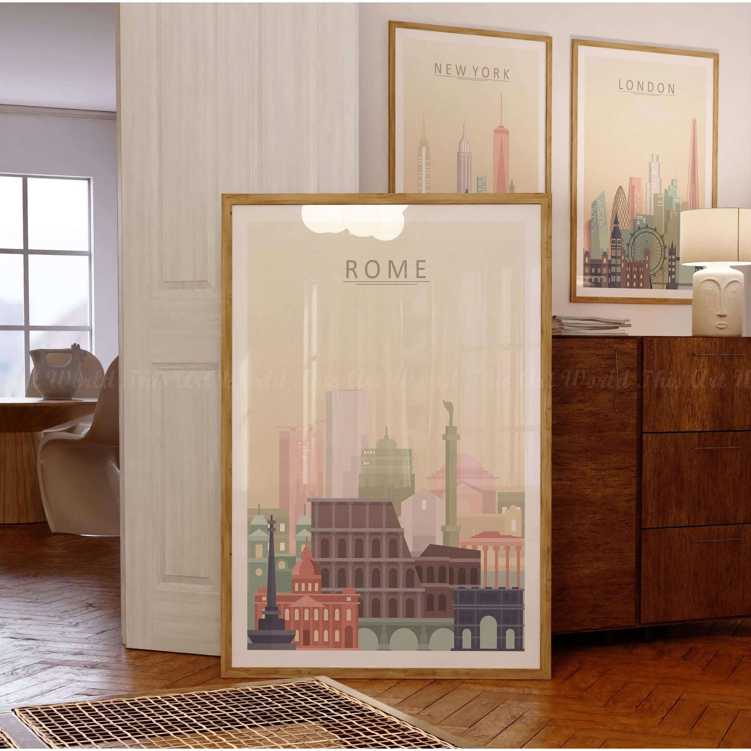 Rome city skyline print in warm pastel tones, featuring iconic landmarks like the Colosseum, framed decor for wall art.