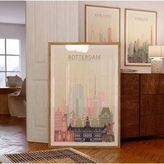 Rotterdam skyline print showcasing iconic architecture in warm pastel tones, perfect for stylish home decor.