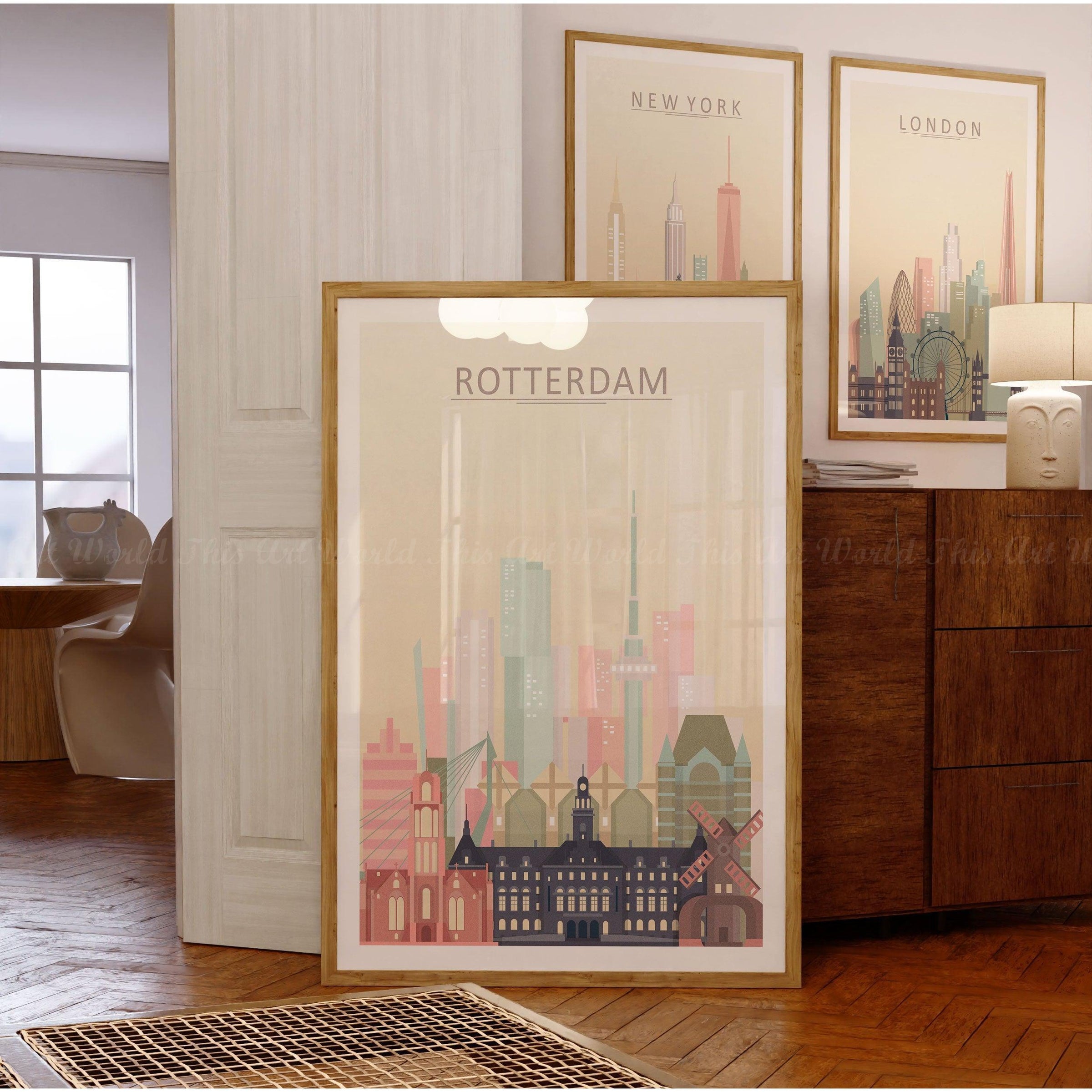 Rotterdam skyline print showcasing iconic architecture in warm pastel tones, perfect for stylish home decor.