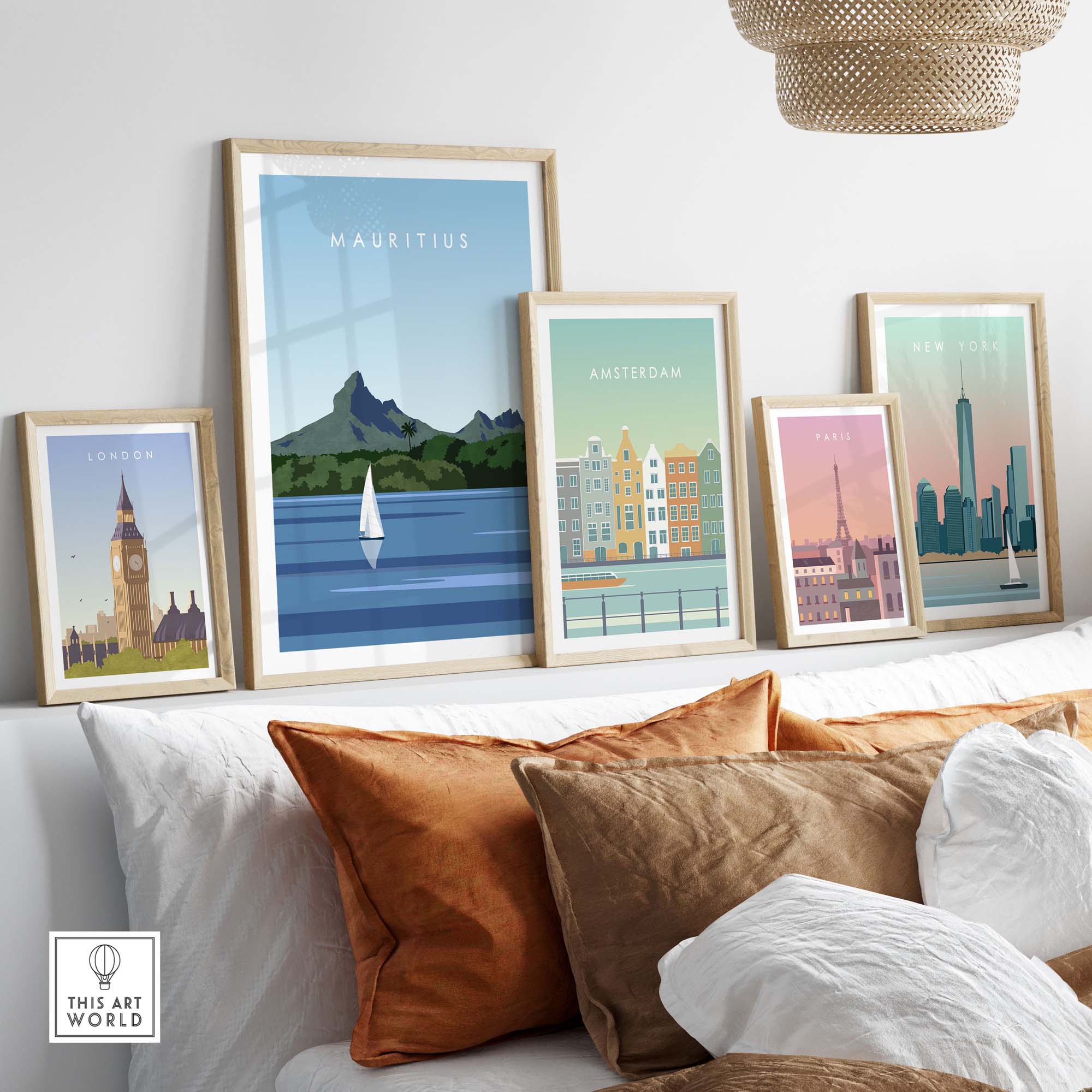 Mauritius Travel Poster Print showcased among other city posters on a stylish sofa, perfect for home decor.