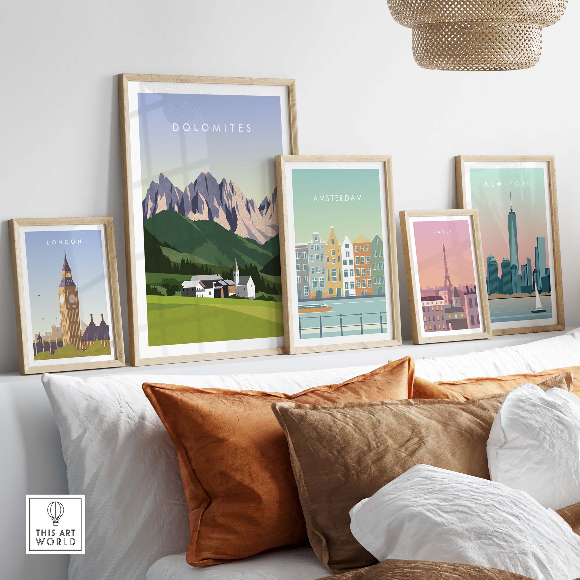 Dolomites Travel Poster Print displayed in a stylish living room with other city posters and decorative pillows.