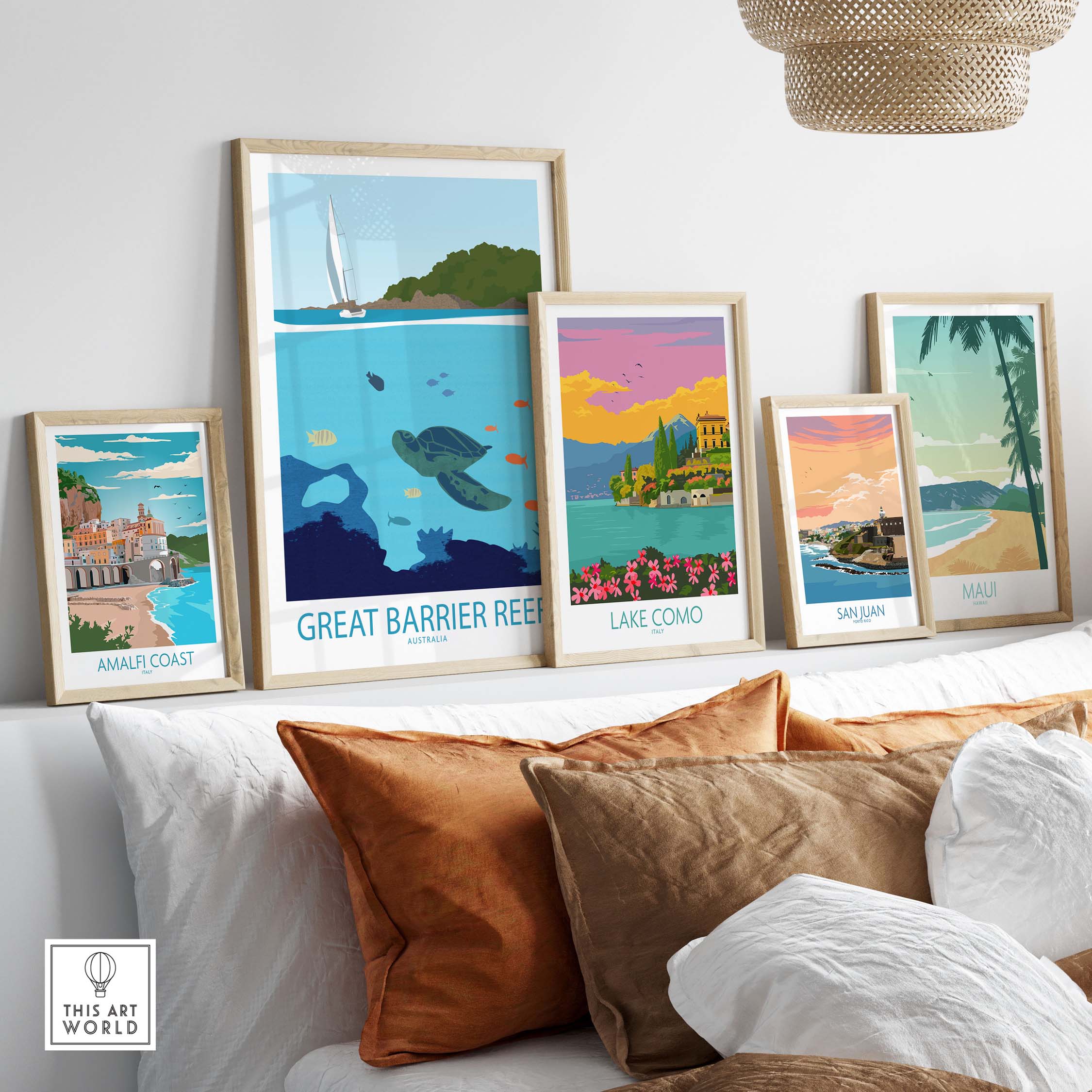 Great Barrier Reef Poster among framed travel art prints, showcasing vibrant colors and minimalist design for home decor.