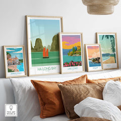 Framed Ha Long Bay and travel posters in a stylish home setting, showcasing minimalist wall art.