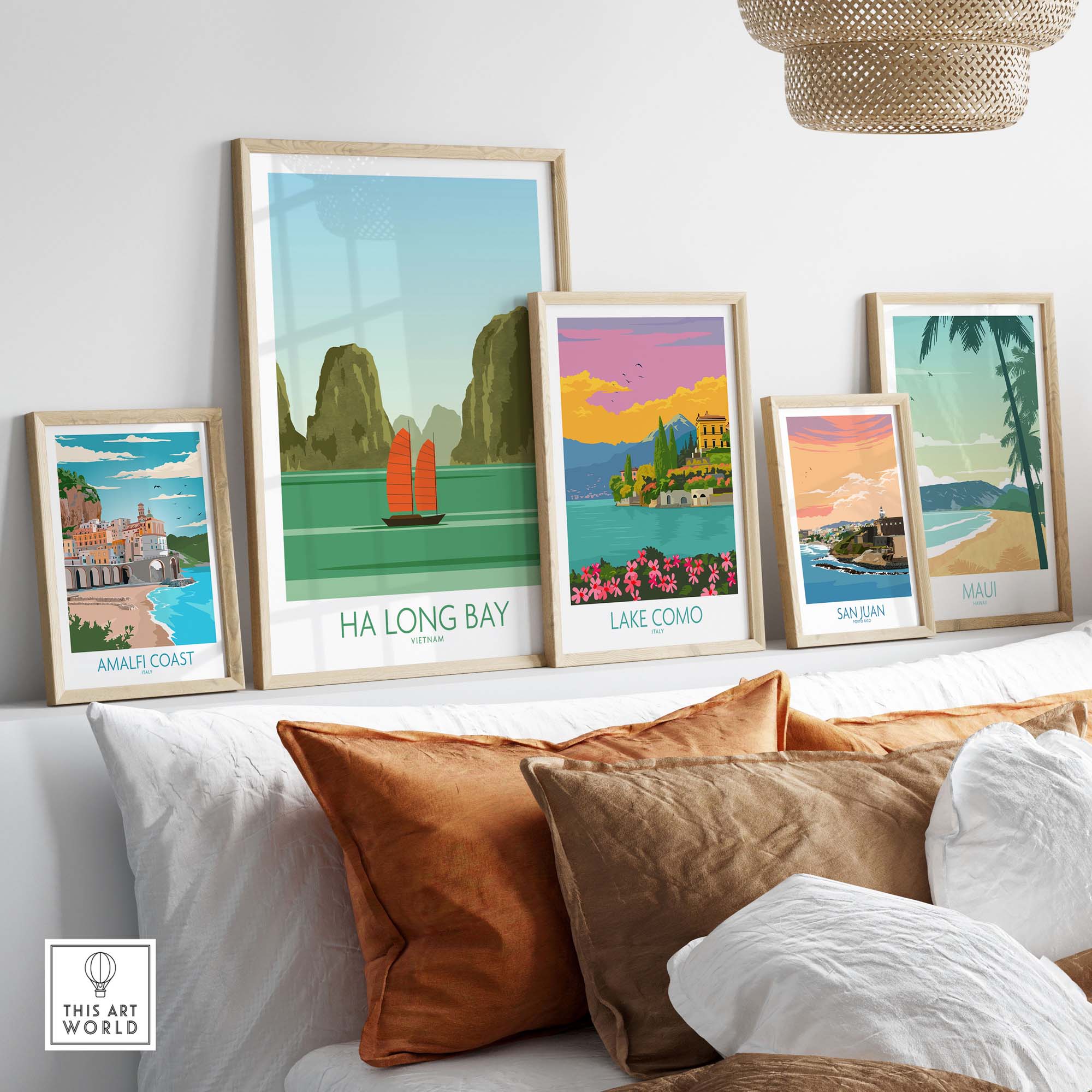 Framed Ha Long Bay and travel posters in a stylish home setting, showcasing minimalist wall art.