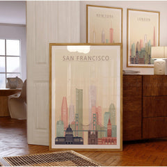 San Francisco City Skyline Print featuring Golden Gate Bridge in warm pastel tones, perfect for wall art decor.