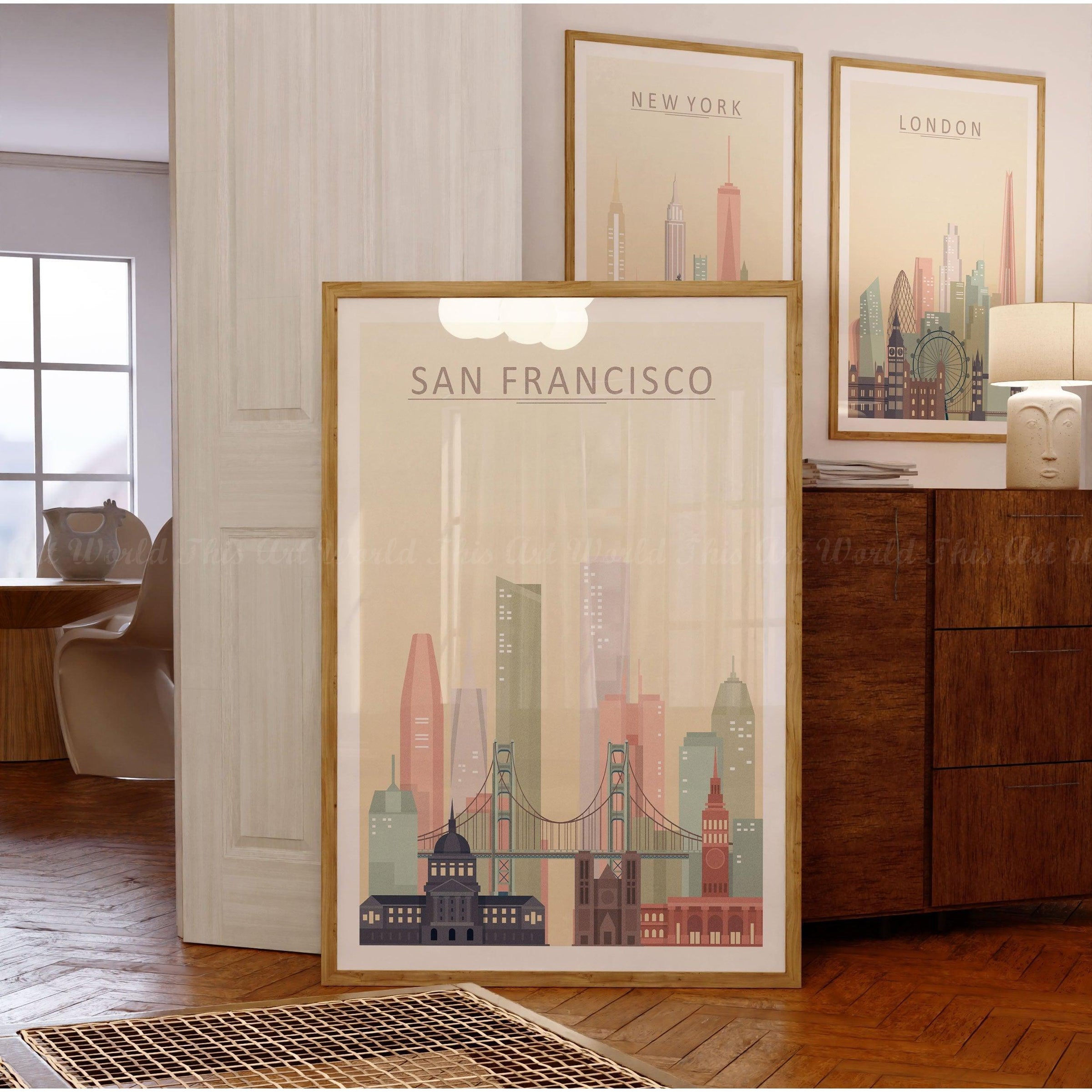 San Francisco City Skyline Print featuring Golden Gate Bridge in warm pastel tones, perfect for wall art decor.