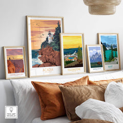 Framed Acadia Poster Print Wall Art alongside Grand Canyon, Yellowstone, Grand Teton, and Banff prints in a stylish home setting.