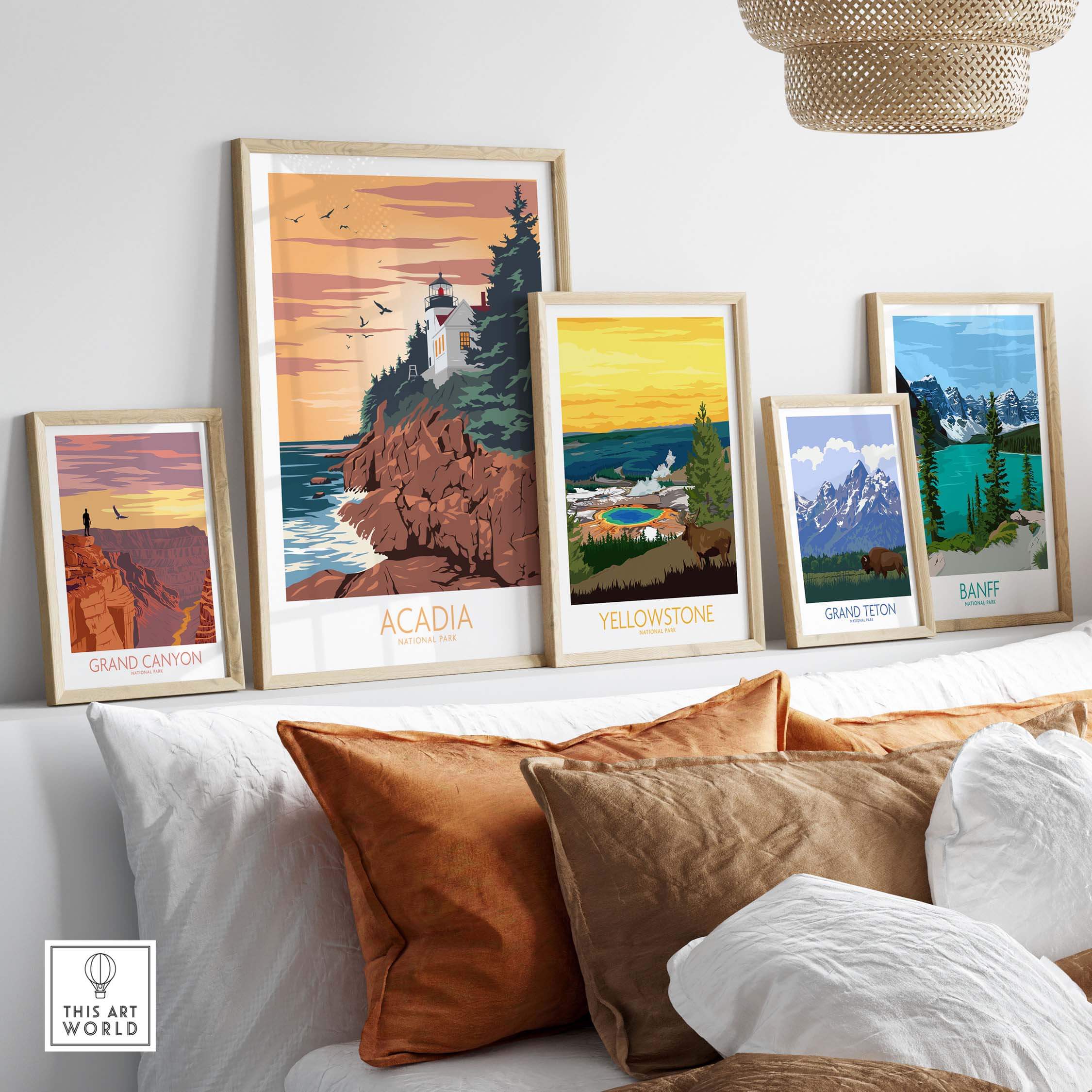 Framed Acadia Poster Print Wall Art alongside Grand Canyon, Yellowstone, Grand Teton, and Banff prints in a stylish home setting.