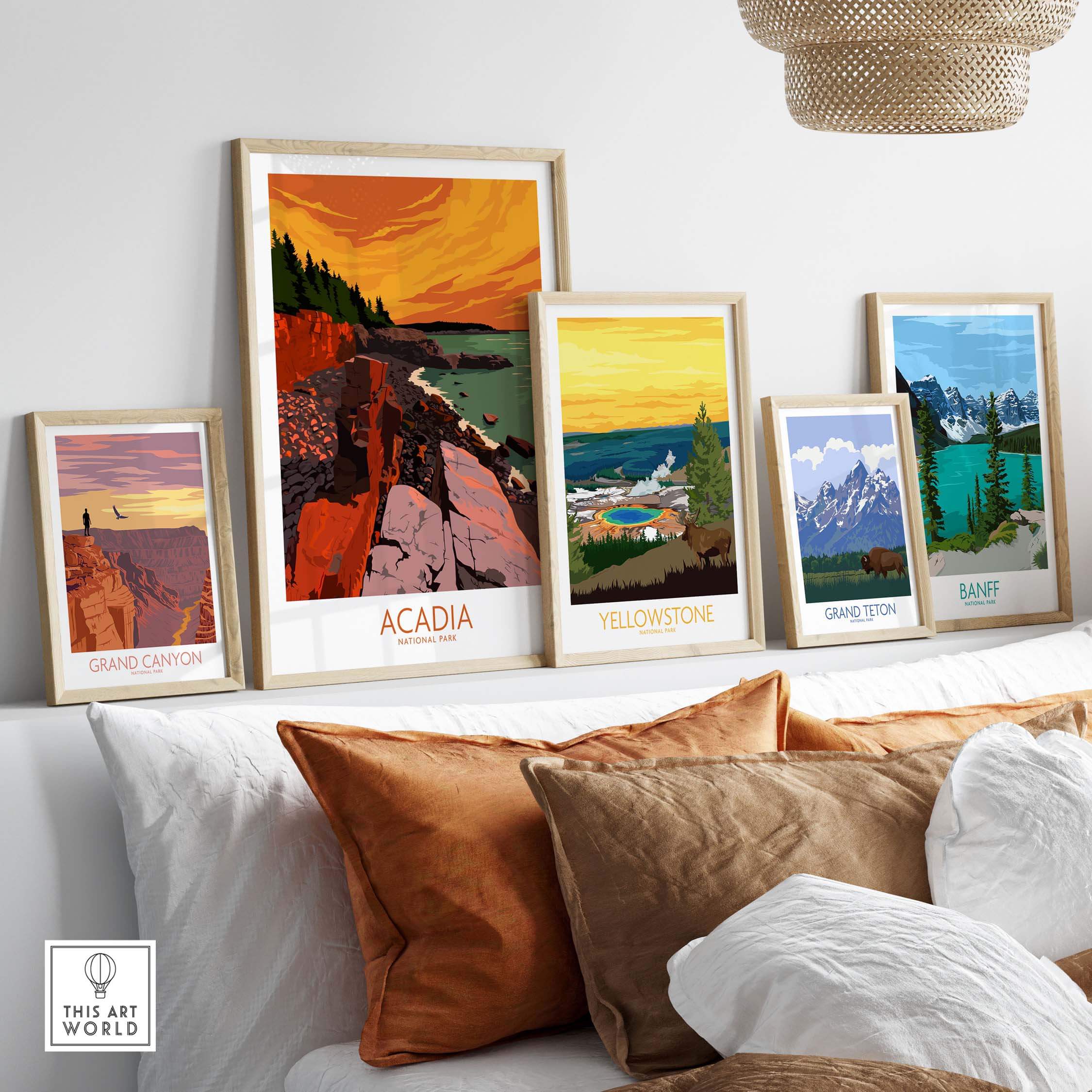 Colorful framed Acadia and National Park wall art prints displayed on a modern couch in a stylish home setting.