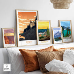 Gallery of minimalist national park art prints featuring Acadia, Yellowstone, Grand Canyon, and Banff in stylish frames.
