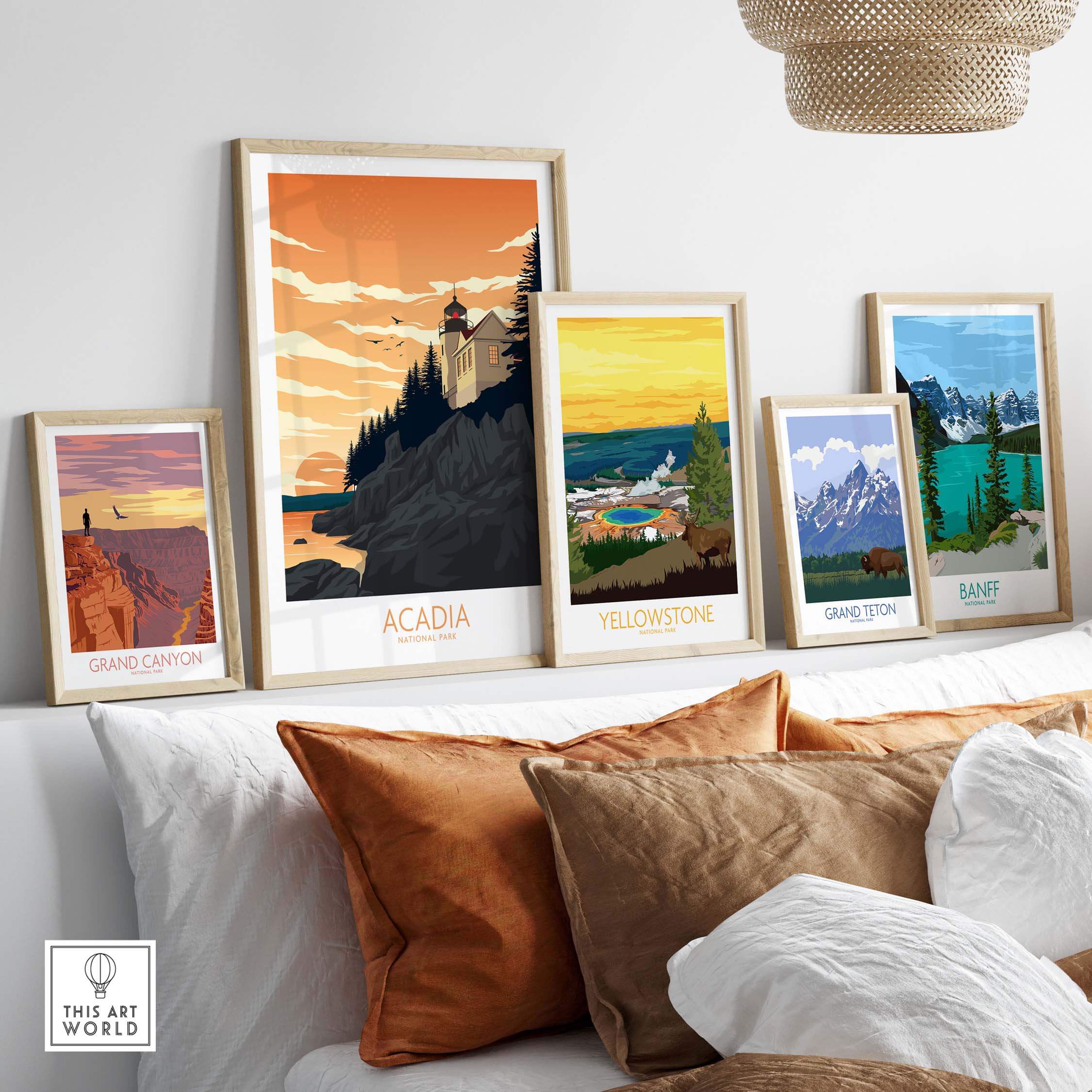 Gallery of minimalist national park art prints featuring Acadia, Yellowstone, Grand Canyon, and Banff in stylish frames.