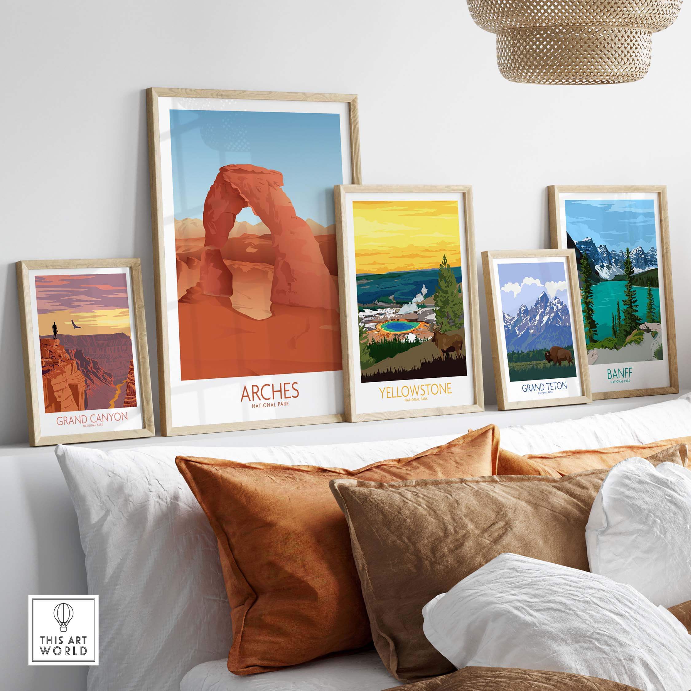 Collection of framed National Park art prints including Arches, Yellowstone, and more on a stylish wall display.