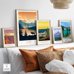 Collection of framed National Park art prints including Banff, showcasing vibrant landscapes and nature-inspired designs.
