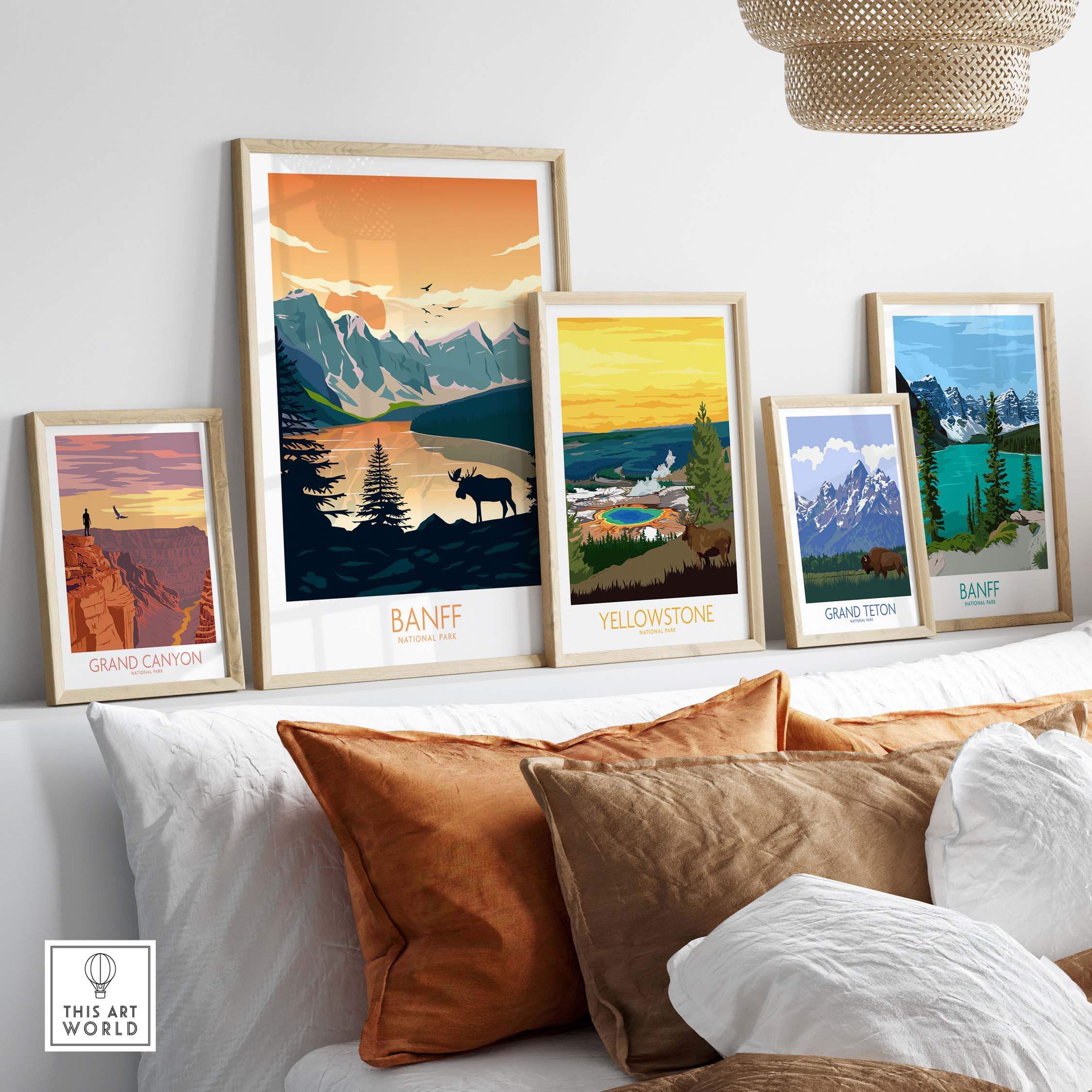 Collection of framed National Park art prints including Banff, showcasing vibrant landscapes and nature-inspired designs.