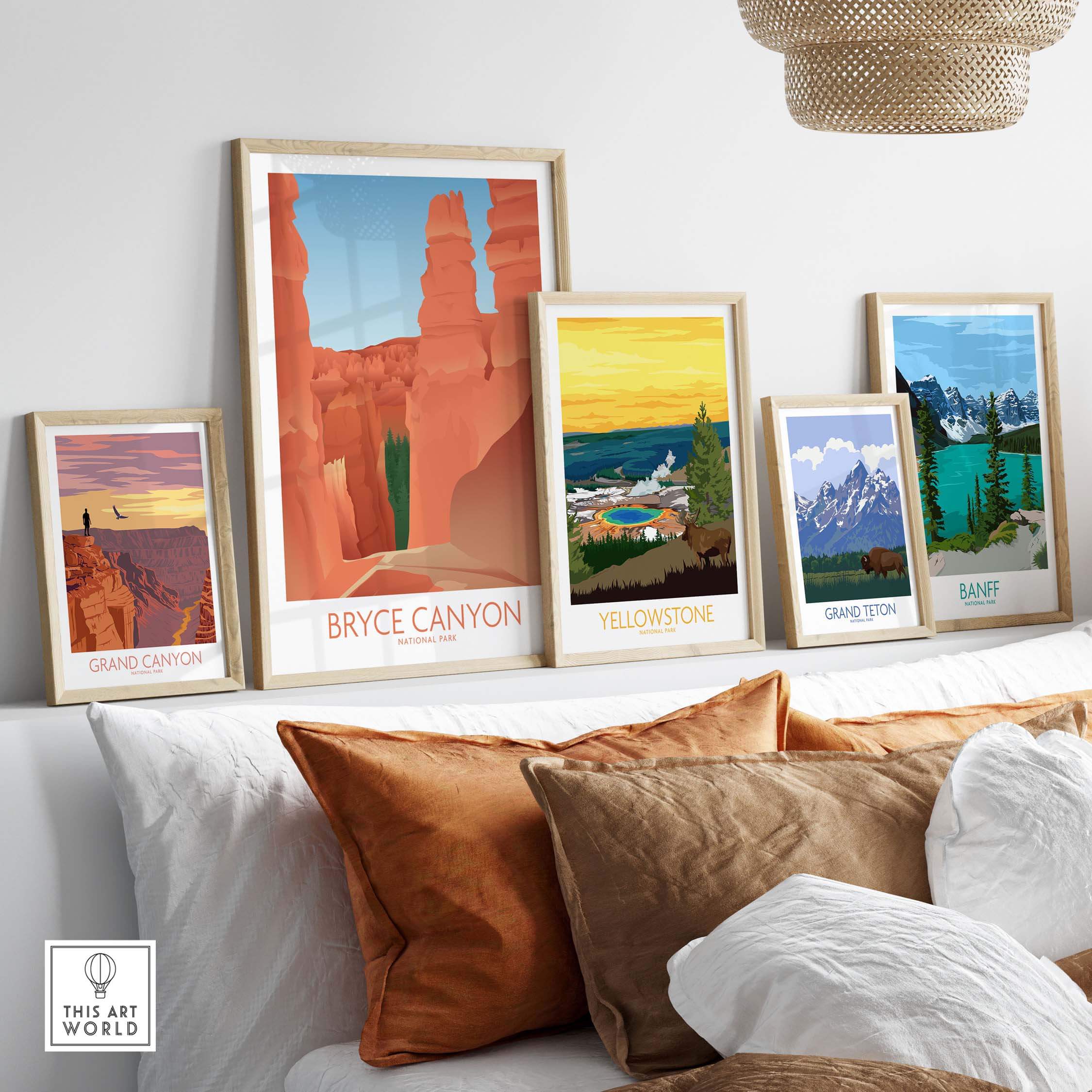Art prints of national parks including Bryce Canyon and Grand Canyon displayed in stylish frames on a cozy sofa.