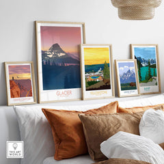 Framed Glacier National Park art prints displayed in a stylish living room setting on a sofa.
