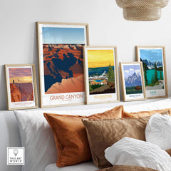 Grand Canyon National Park art prints displayed in stylish frames on a living room wall, showcasing nature-inspired designs.