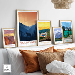 Smoky Mountains National Park art print displayed among other national park prints on a stylish couch.