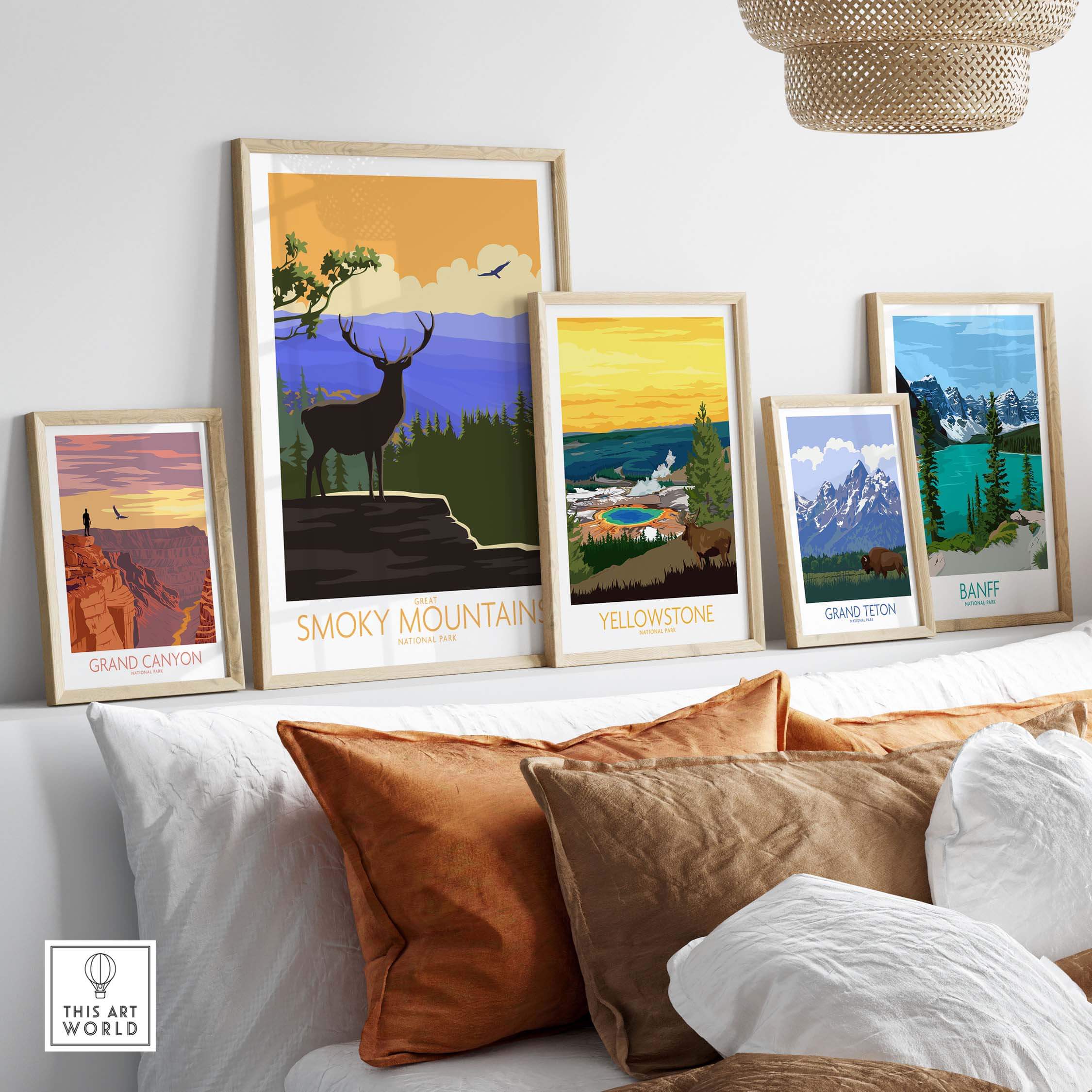 Framed vintage National Park posters including Great Smoky Mountains, Yellowstone, and Grand Canyon, displayed in a stylish living room.