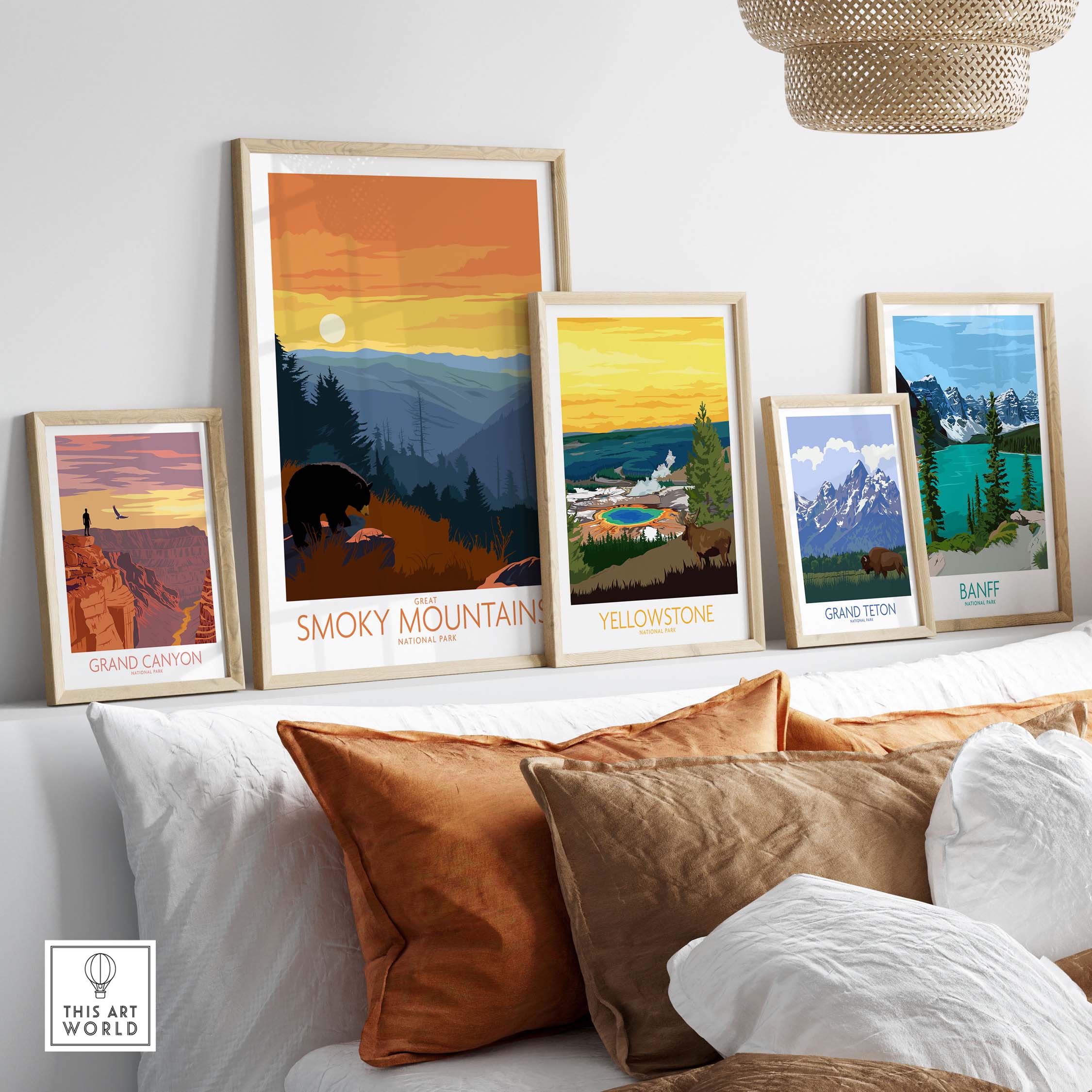 Gallery of vintage national park poster prints including Smoky Mountains, Yellowstone, and Grand Canyon.