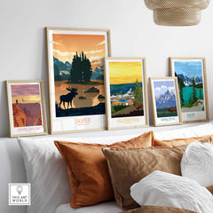 Jasper National Park poster art print collection featuring framed landscapes, adding style to home decor.