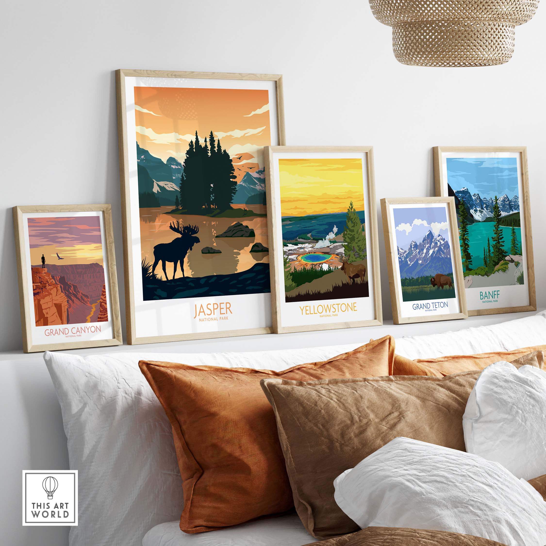 Jasper National Park poster art print collection featuring framed landscapes, adding style to home decor.