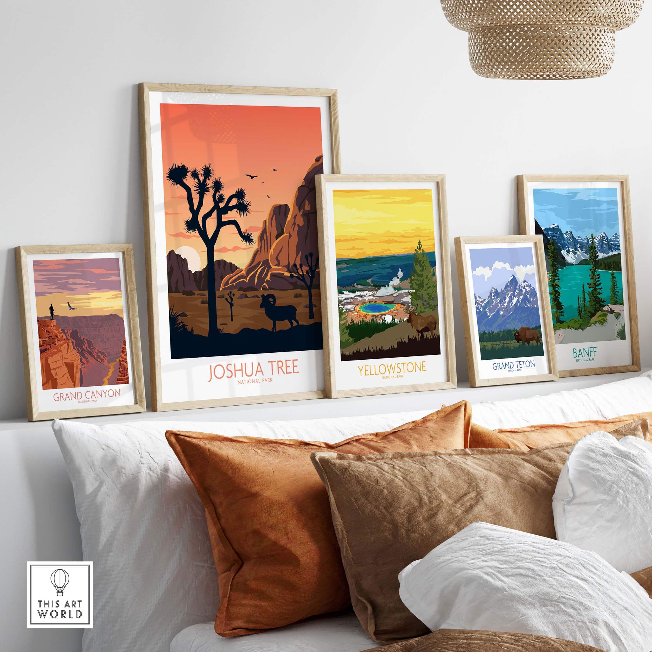 Framed Joshua Tree wall art and other national park posters displayed on a stylish living room wall.