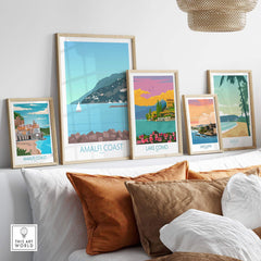 Amalfi Coast Print collection displayed in stylish home setting with framed travel art from This Art World.