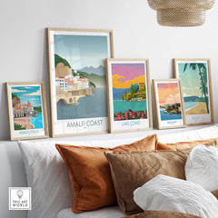 Framed Amalfi Coast wall art in a stylish setting, showcasing vintage travel poster designs.