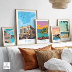 Athens Greece wall art poster displayed with other travel posters in a stylish home decor setting.