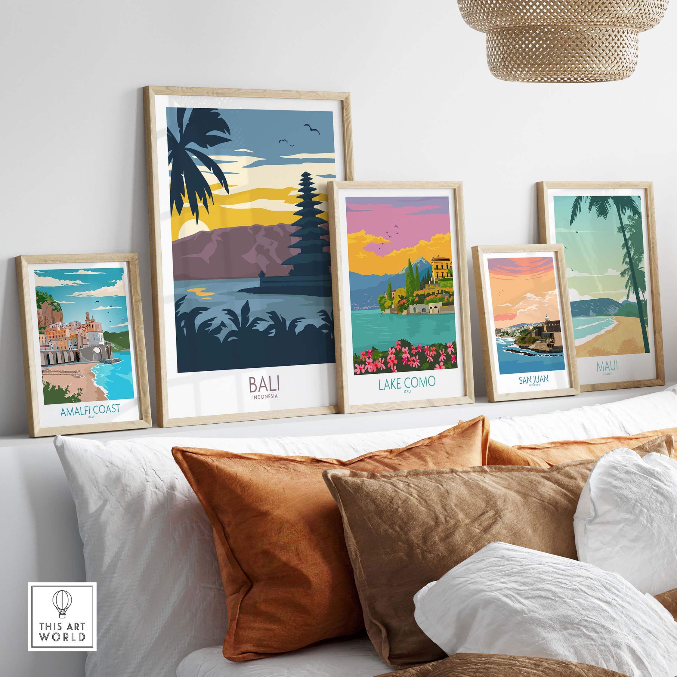 Stylish Bali travel poster and vintage art prints displayed on a shelf, enhancing home decor with wanderlust charm.